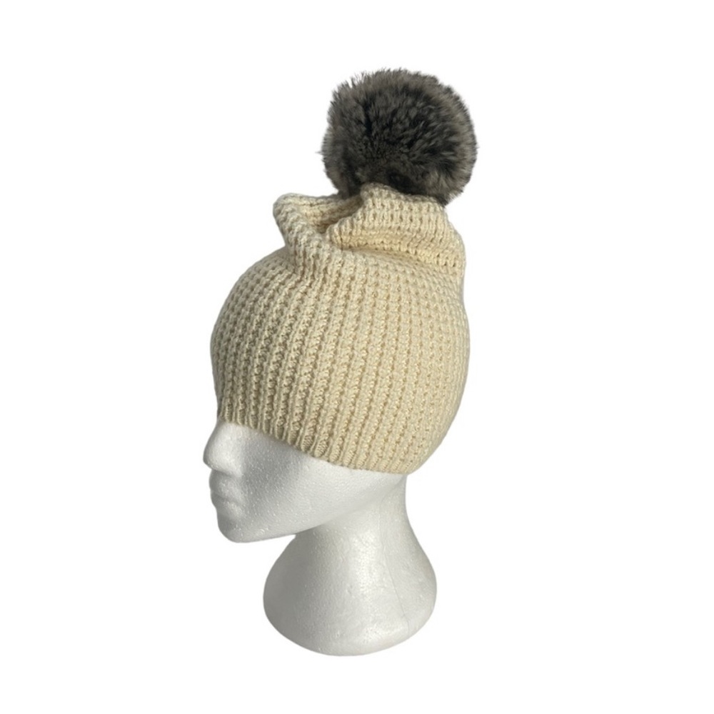 Indigo cream knit warm winter hat toque with faux fur PomPom outdoor gorpcore